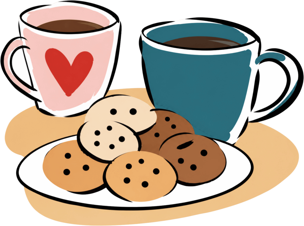 Två kaffekoppar och ett kakfat
